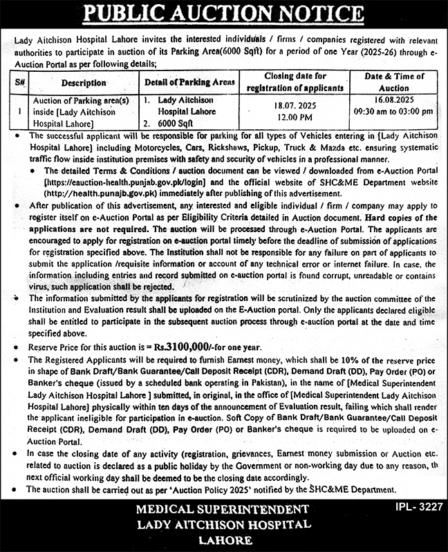Lady Aitchison Hospital Lahore Tender Notice